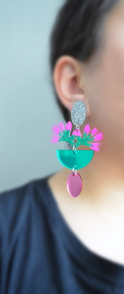 Pink and Green Laser Cut Acrylic Glitter Flower Earrings