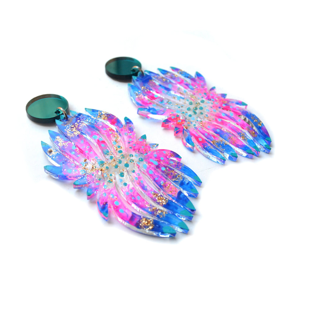 Blue and Hot Pink Flower Statement Acrylic Earrings, Laser Cut Jewelry