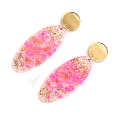 Pink and Peach Abstract Art Glitter Resin Oval Drop Earrings