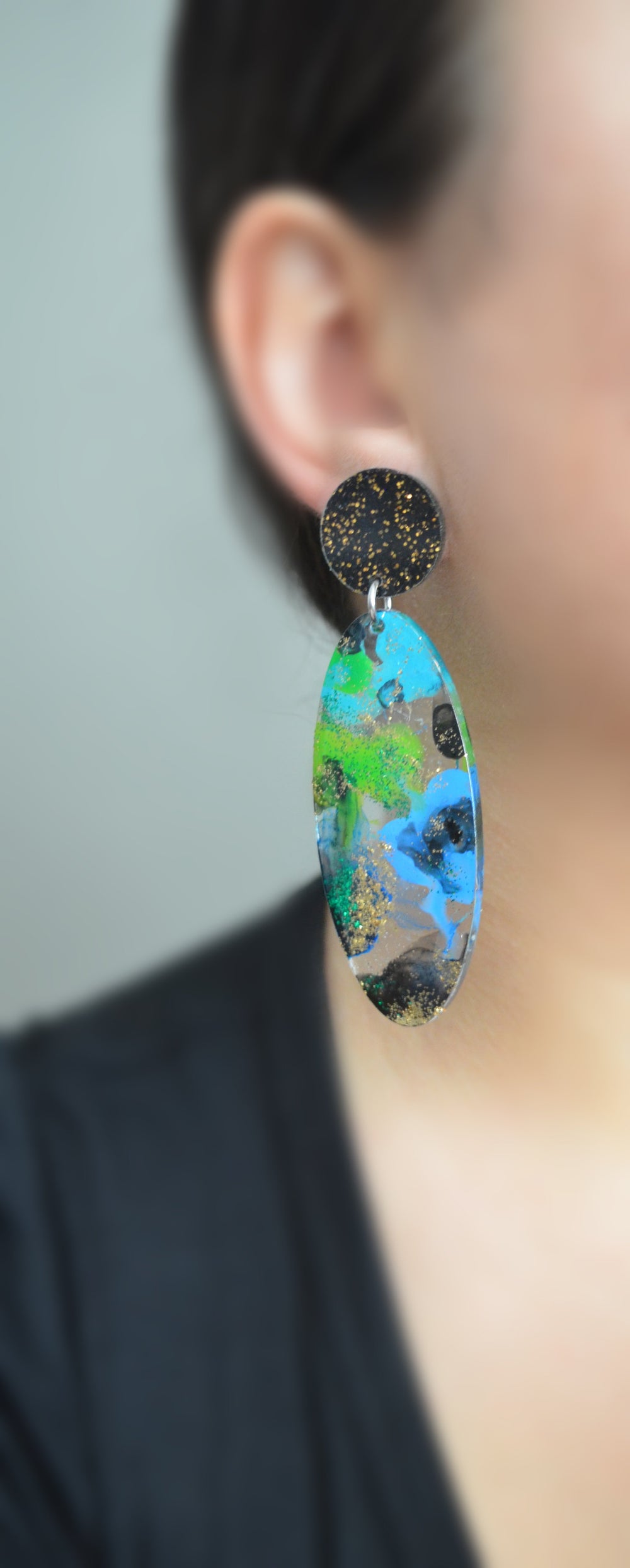 Green Blue and Black with Gold Glitter Abstract Art Oval Acrylic Earrings
