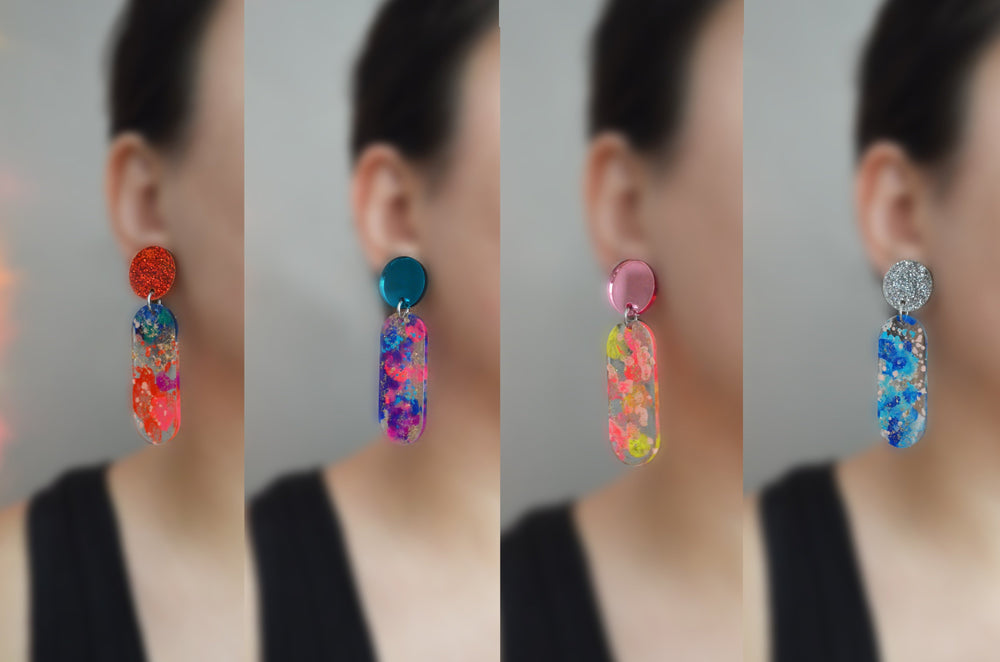 Small Oval Drop Dangle Earrings, Laser Cut and Resin Jewelry