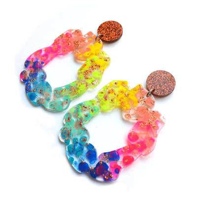 Rainbow and Copper Glitter Laser Cut Acrylic Hoop Statement Earrings