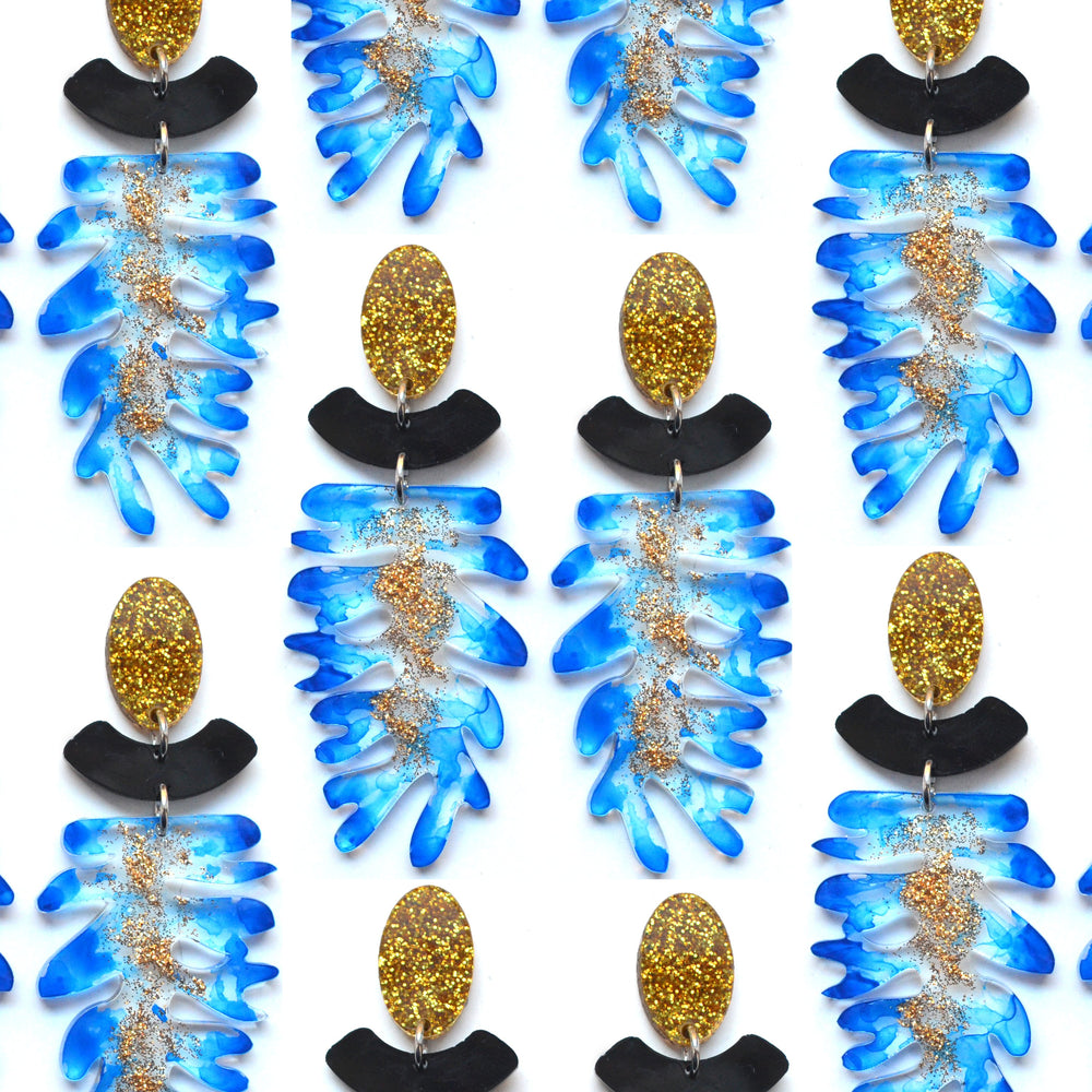 Blue Seaweed Statement Earrings with Gold Glitter