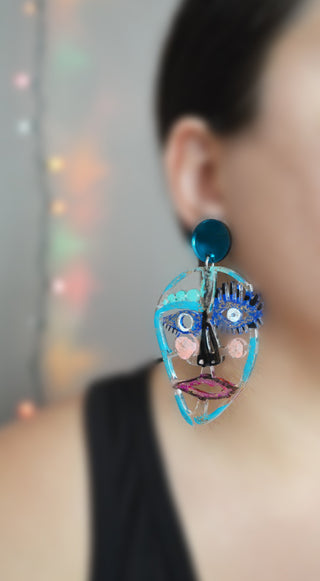 Turquoise and Blue Laser Cut Acrylic Face Earrings