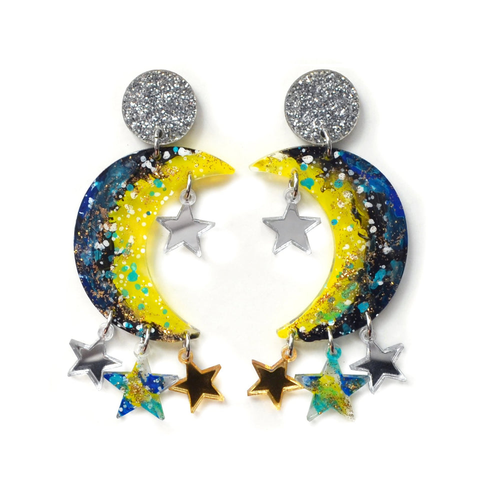 Crescent Moon Celestial Metallic Star Resin Earrings