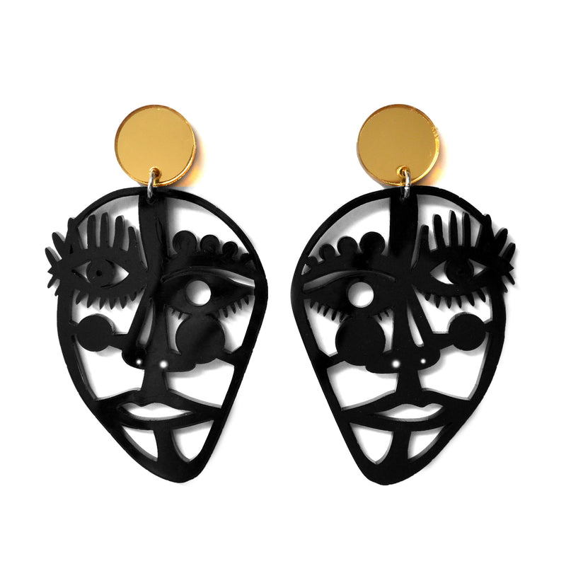 Abstract Face Statement Earrings in Black or White Acrylic