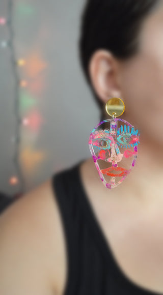 Gold and Hot Pink Laser Cut Face Earrings