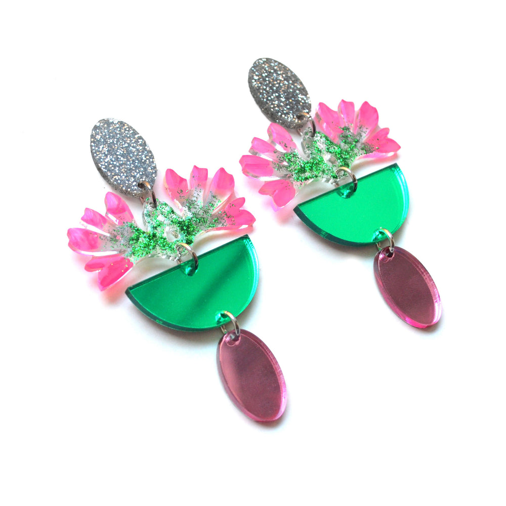 Pink and Green Laser Cut Acrylic Glitter Flower Earrings