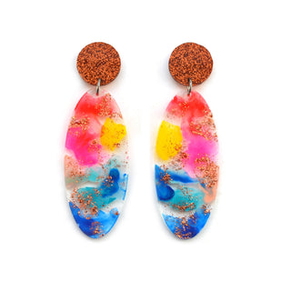 Rainbow Oval Drop Glitter Statement Earrings, Laser Cut Acrylic Earrings