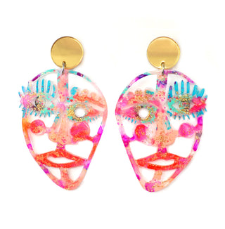 Gold and Hot Pink Laser Cut Face Earrings