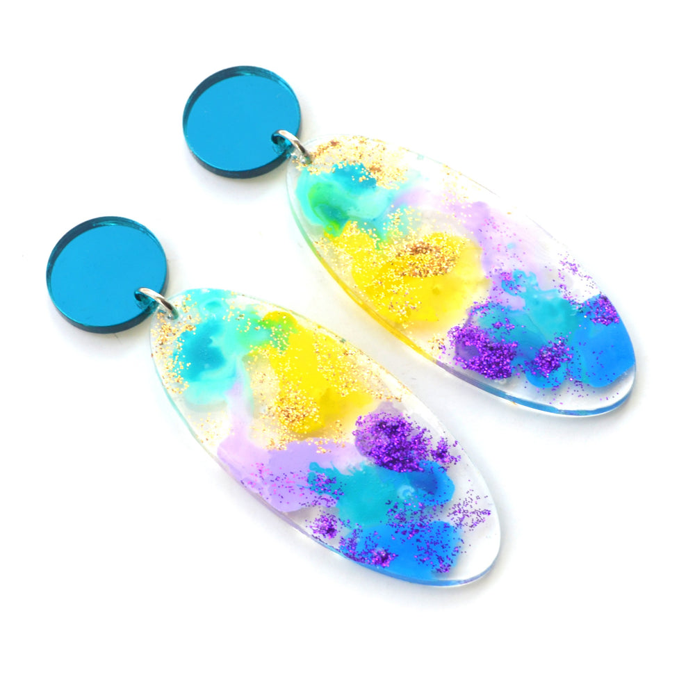 Pastel Ocean Abstract Art Glitter Oval Drop Earrings, Laser Cut Acrylic