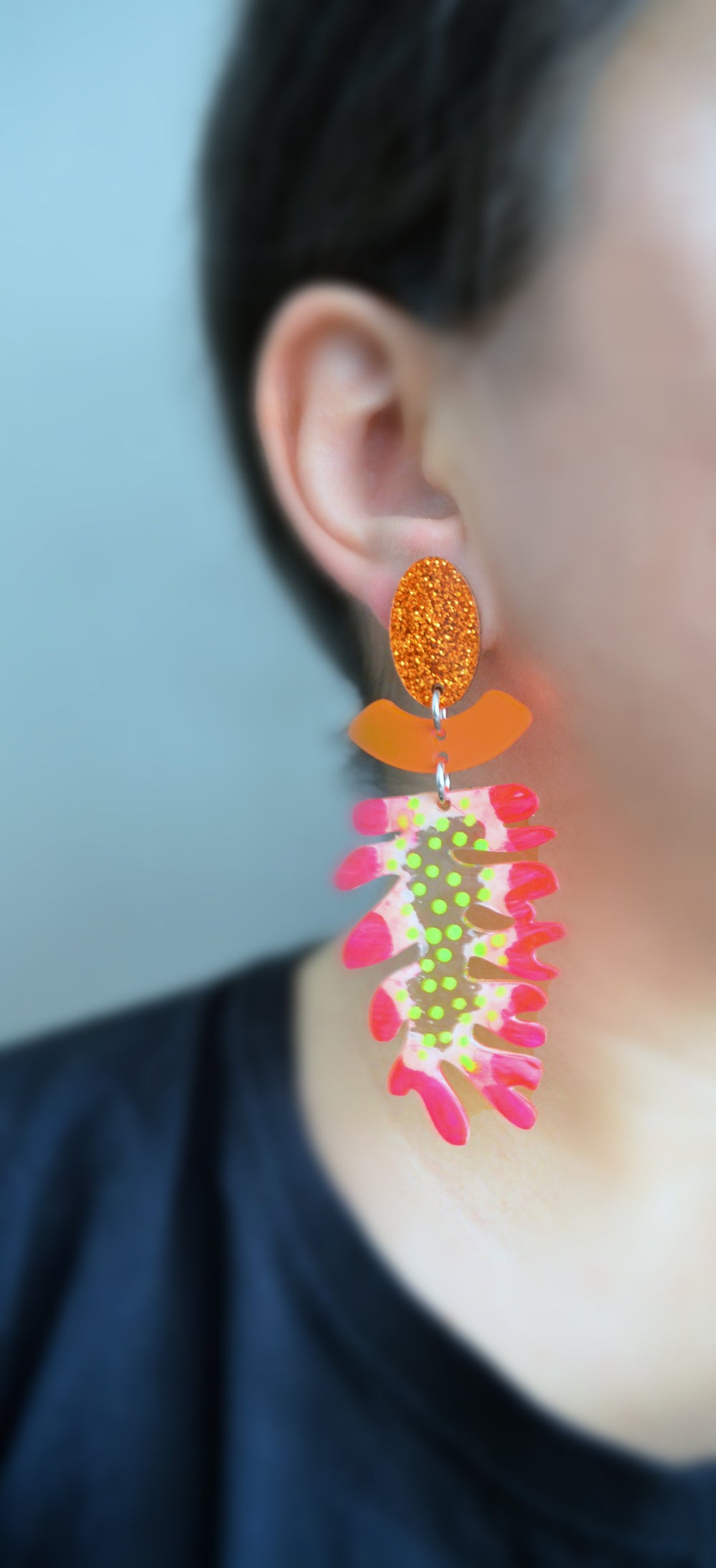 Neon Hot Pink Flower Plant Earrings with Laser Cut Acrylic