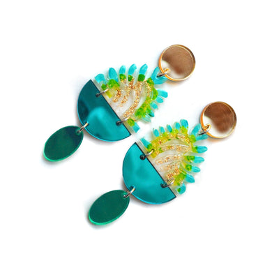 Green and Turquoise Plant Statement Earrings, Gold Laser Cut Jewelry