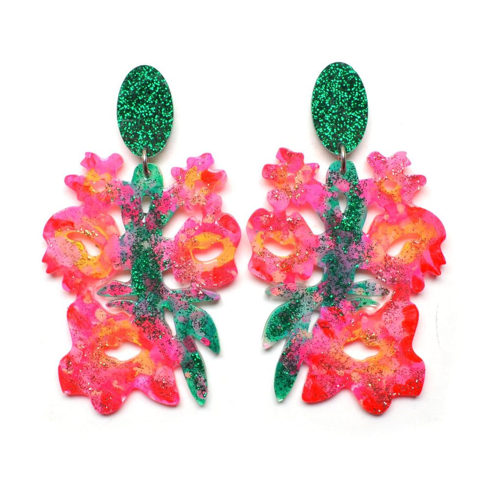 Pink and Green Laser Cut Resin Flower Statement Earrings