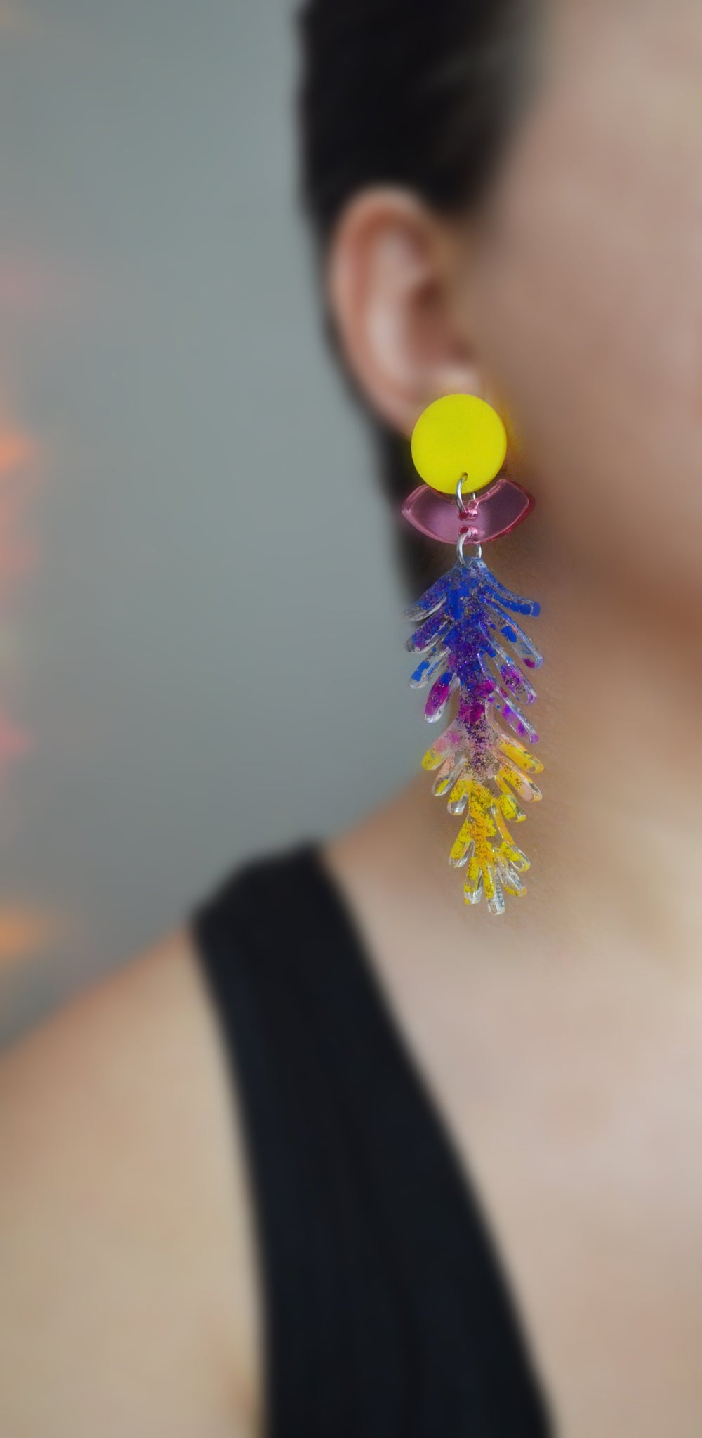 Purple and Yellow Ombre Branch Laser Cut Acrylic Resin Earrings