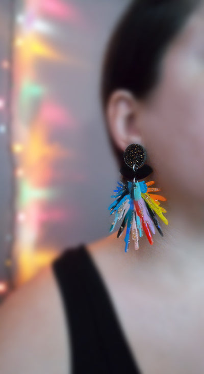 Rainbow and Black Pom Pom Acrylic Laser Cut Earrings