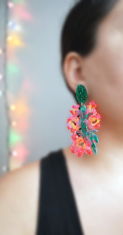 Pink and Green Laser Cut Resin Flower Statement Earrings