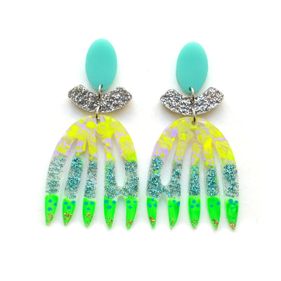 Green Yellow and Mint Abstract Art Leaf Earrings