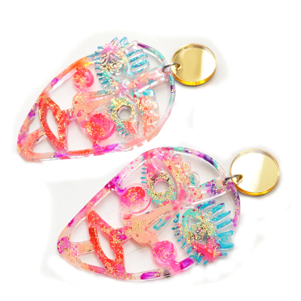 Gold and Hot Pink Laser Cut Face Earrings