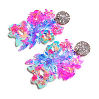 Pink and Blue Laser Cut and Glitter Resin Flower Earrings