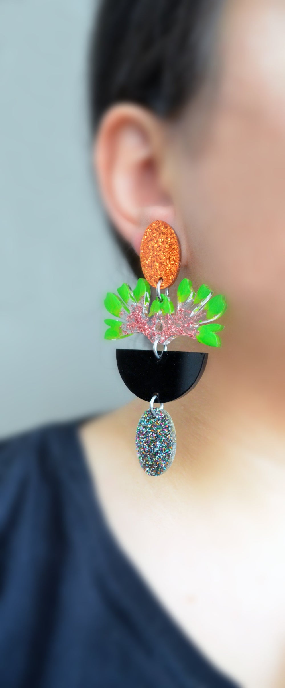 Green Glitter Leaf Resin Laser Cut Earrings