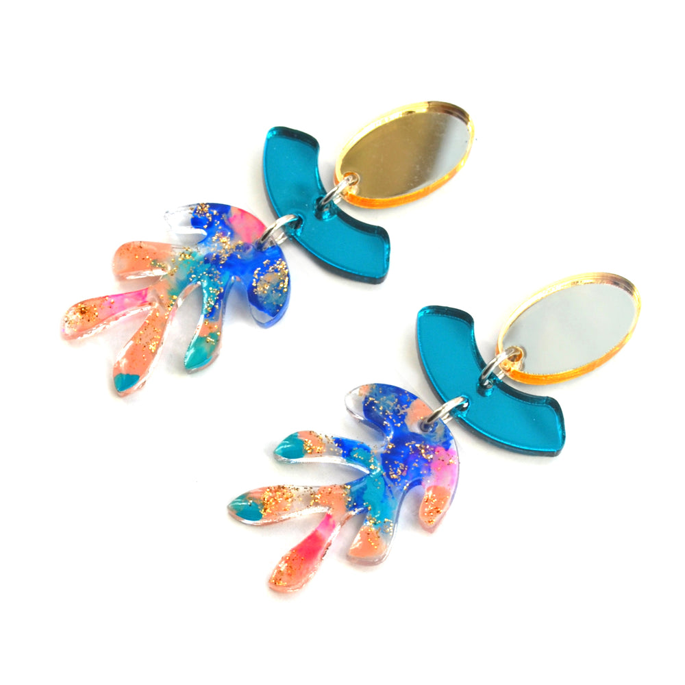 Abstract Art Blue and Gold Glitter Leaf Earrings, Laser Cut Acrylic Jewelry