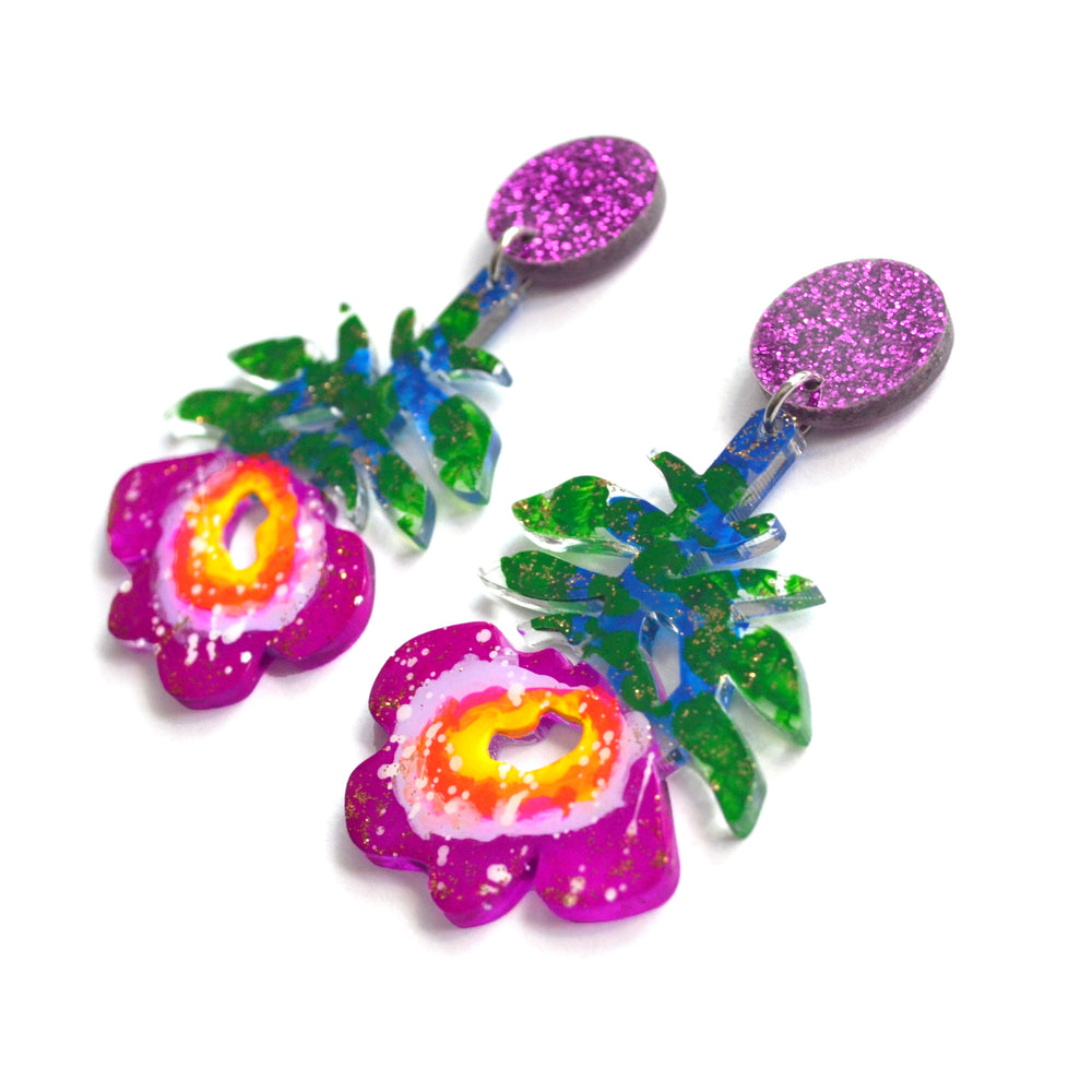 Purple Flower Resin Glitter Acrylic Earrings, Laser Cut Jewelry