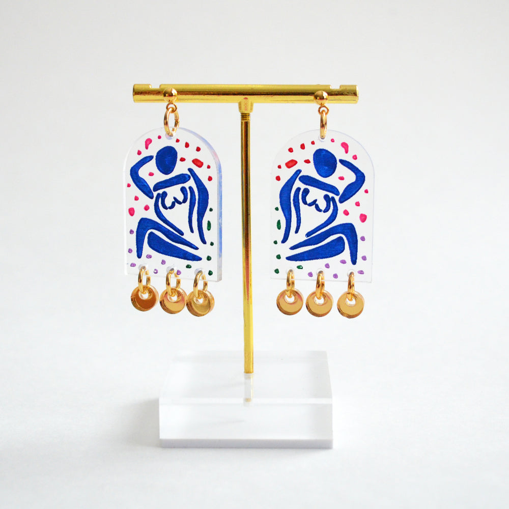 Blue Lady Arch Earrings with Gold Acrylic Dangles