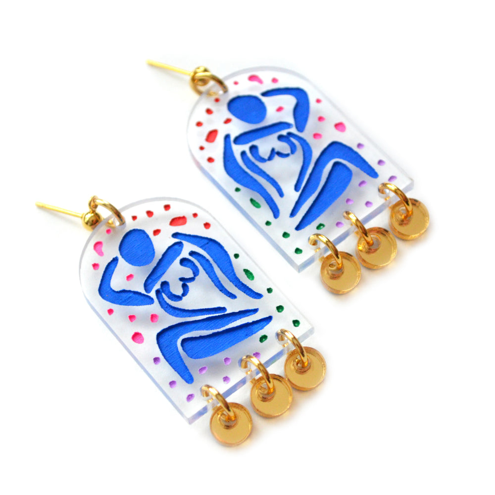 Blue Lady Arch Earrings with Gold Acrylic Dangles
