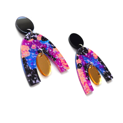 Abstract Art Blue and Gold Arch Earrings, Laser Cut Acrylic Jewelry