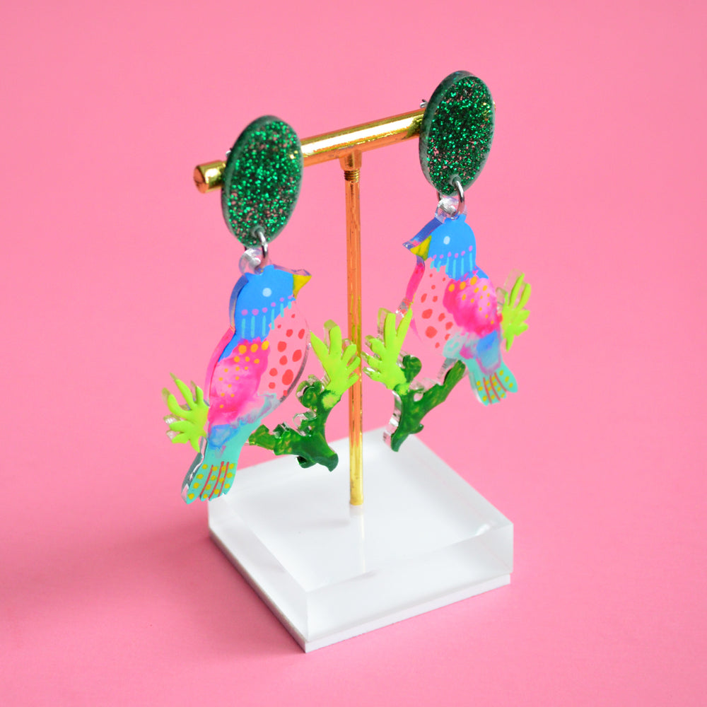 Colorful Tropical Bird Laser Cut Acrylic Earrings