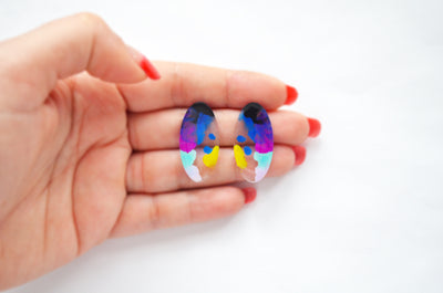 Blue and Purple Abstract Art Oval Resin Stud Earrings