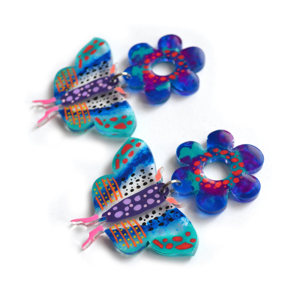 Blue Butterfly and Flower Resin Earrings, Laser Cut Acrylic Jewelry