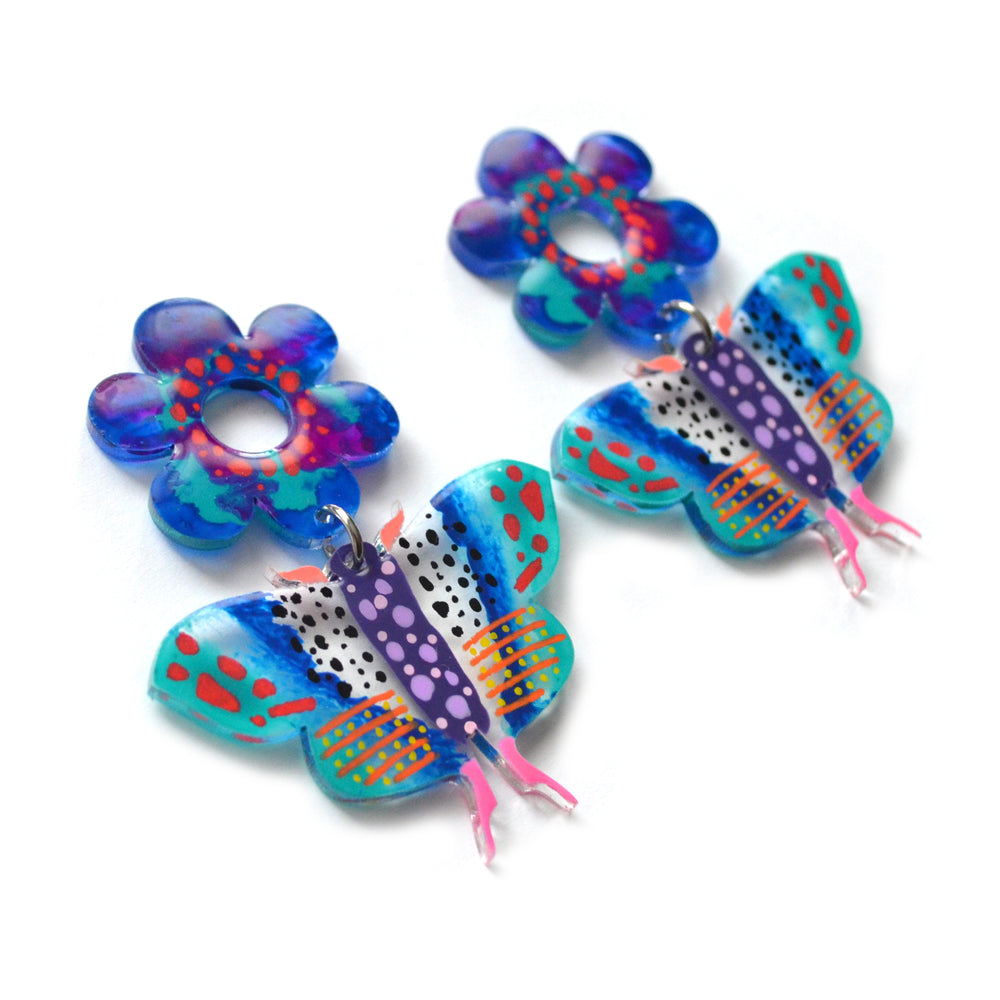 Blue Butterfly and Flower Resin Earrings, Laser Cut Acrylic Jewelry