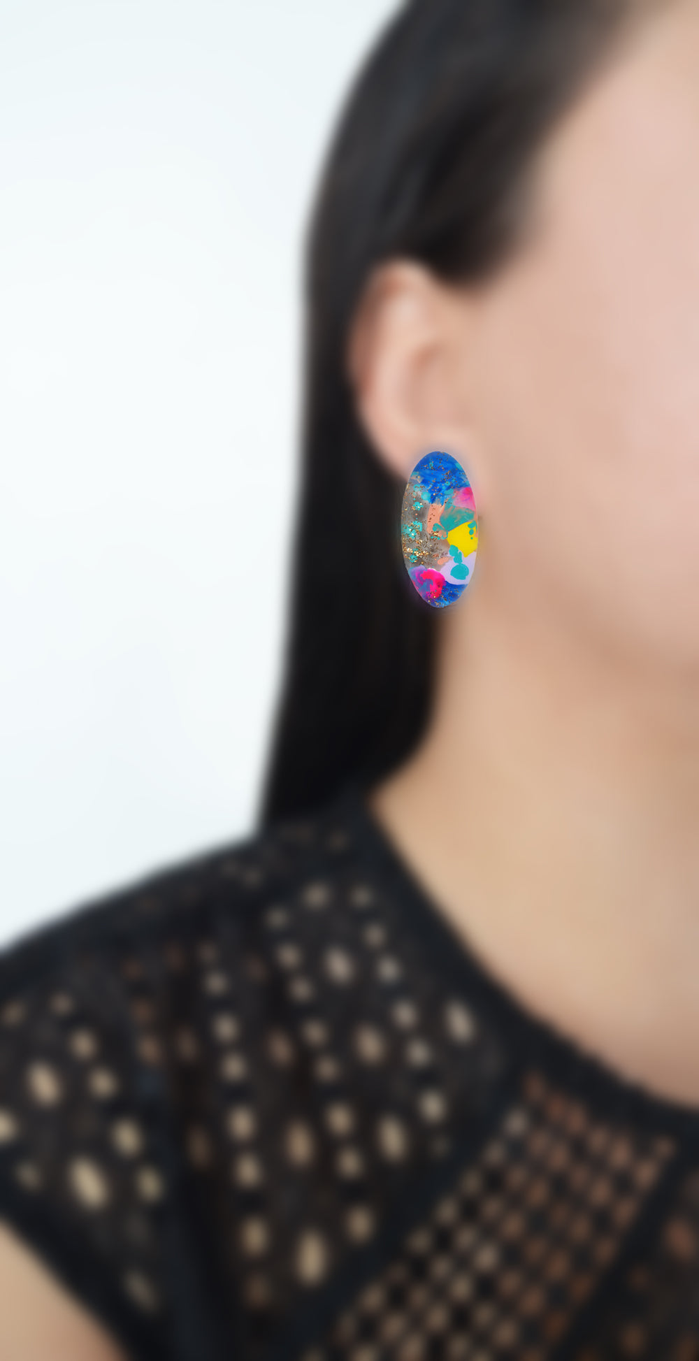 Blue and Gold Glitter Abstract Art Oval Resin Stud Earrings