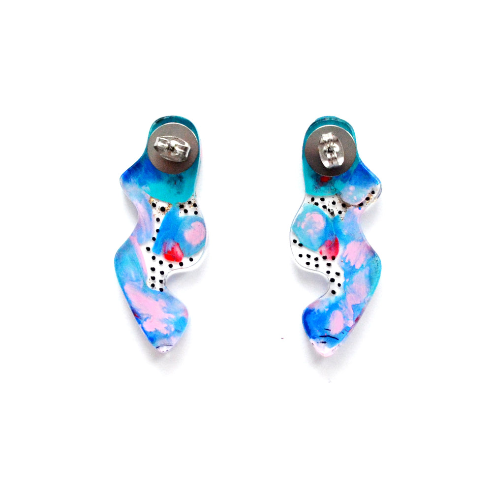 Blue and Red Abstract Wavy Squiggle Resin Stud Earrings