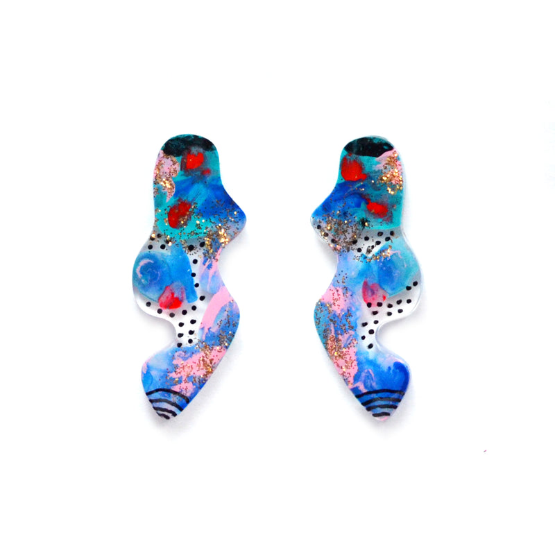 Blue and Red Abstract Wavy Squiggle Resin Stud Earrings