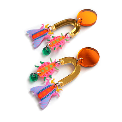 Orange Geometric Colorful Arch Insect Laser Cut Acrylic Earrings