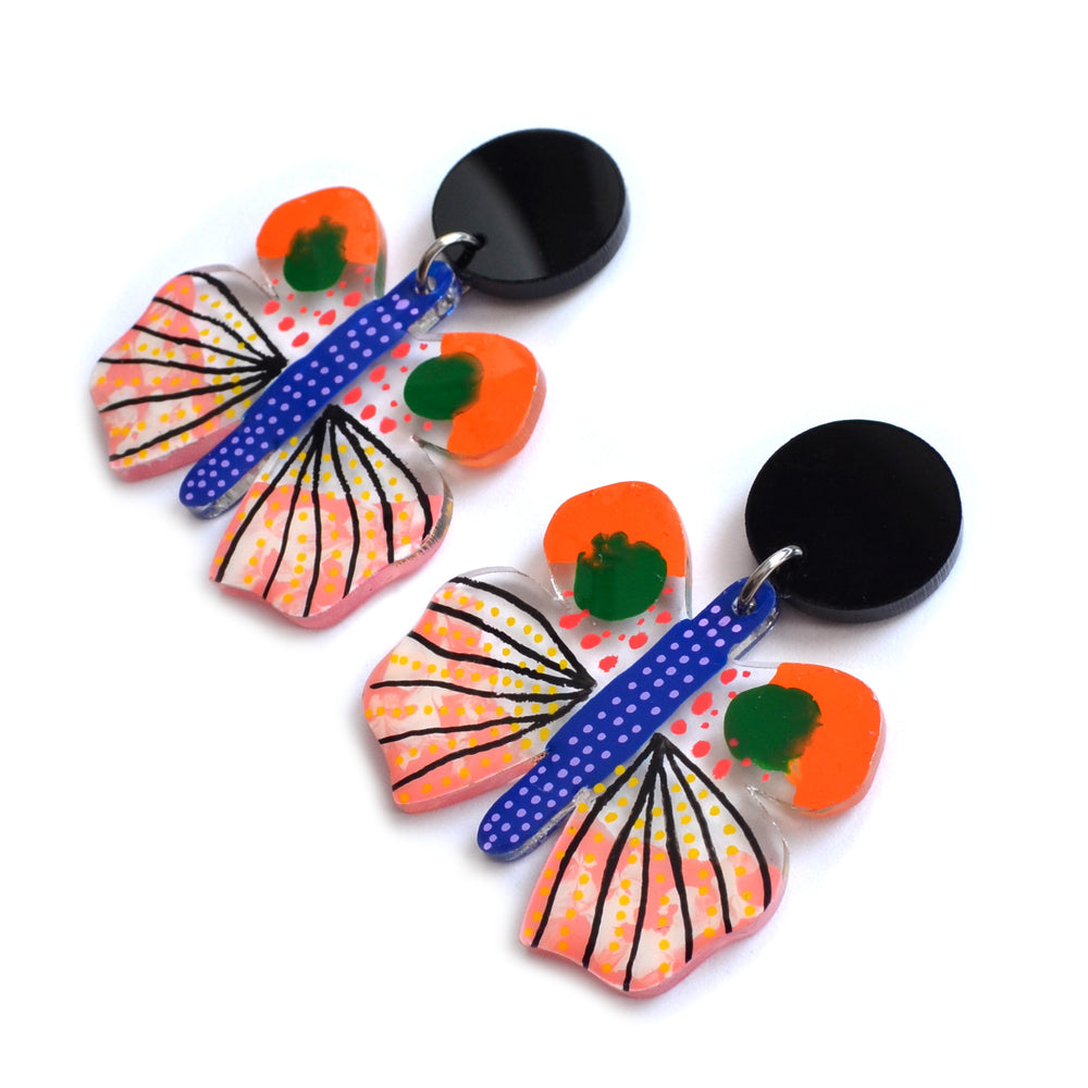 Orange Black and Pink Geometric Moth Insect Laser Cut Acrylic Earrings