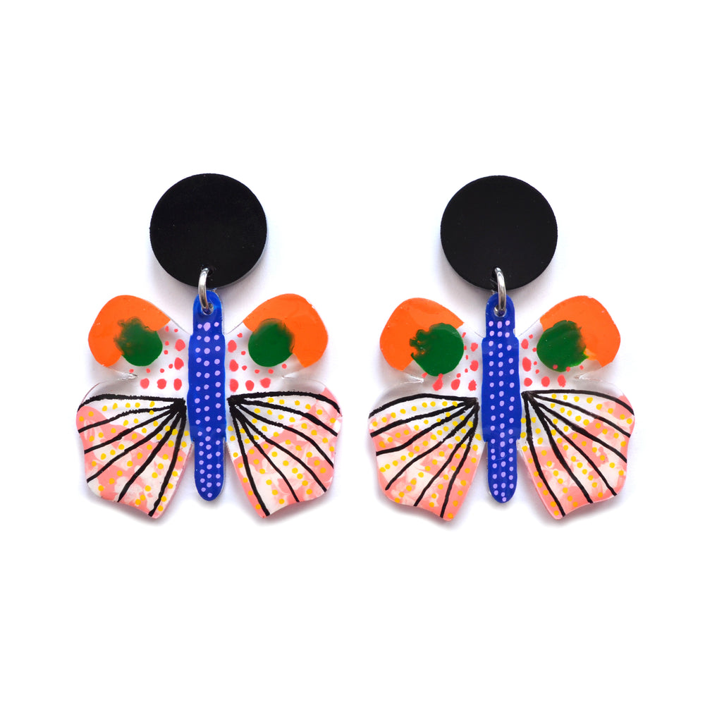 Orange Black and Pink Geometric Moth Insect Laser Cut Acrylic Earrings