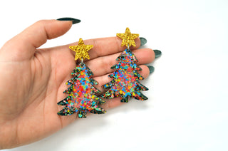 Colorful Confetti Holiday Christmas Tree Resin Acrylic Earrings