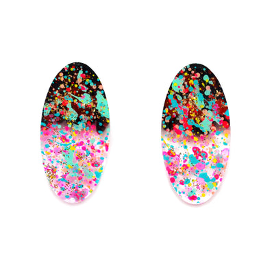 Confetti Glitter Splatter Abstract Art Oval Resin Stud Earrings