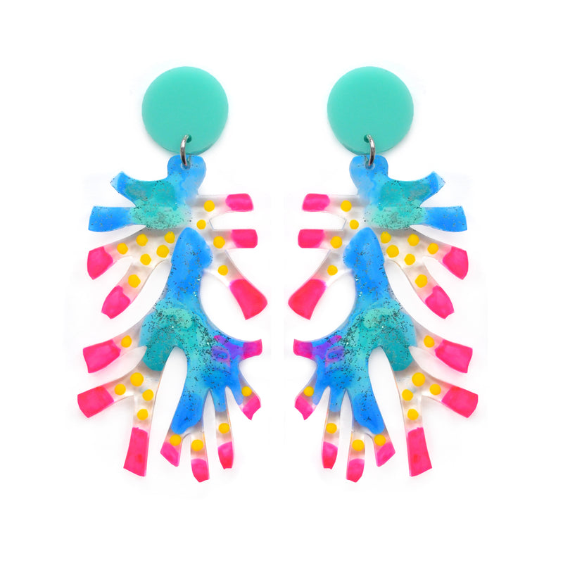 Neon Pink and Blue Sea Coral Abstract Art Laser Cut Acrylic Earrings