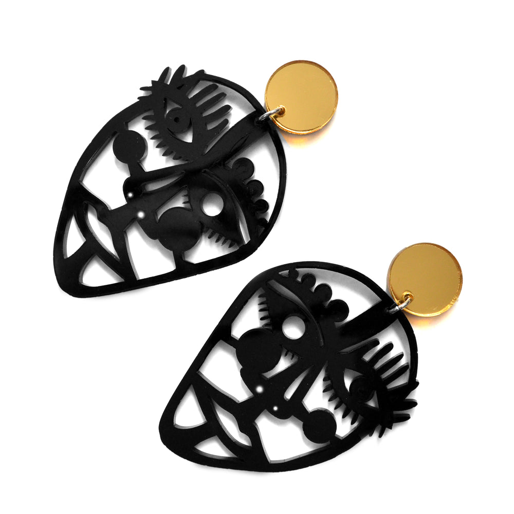 Abstract Outline Face Statement Earrings in Black Acrylic
