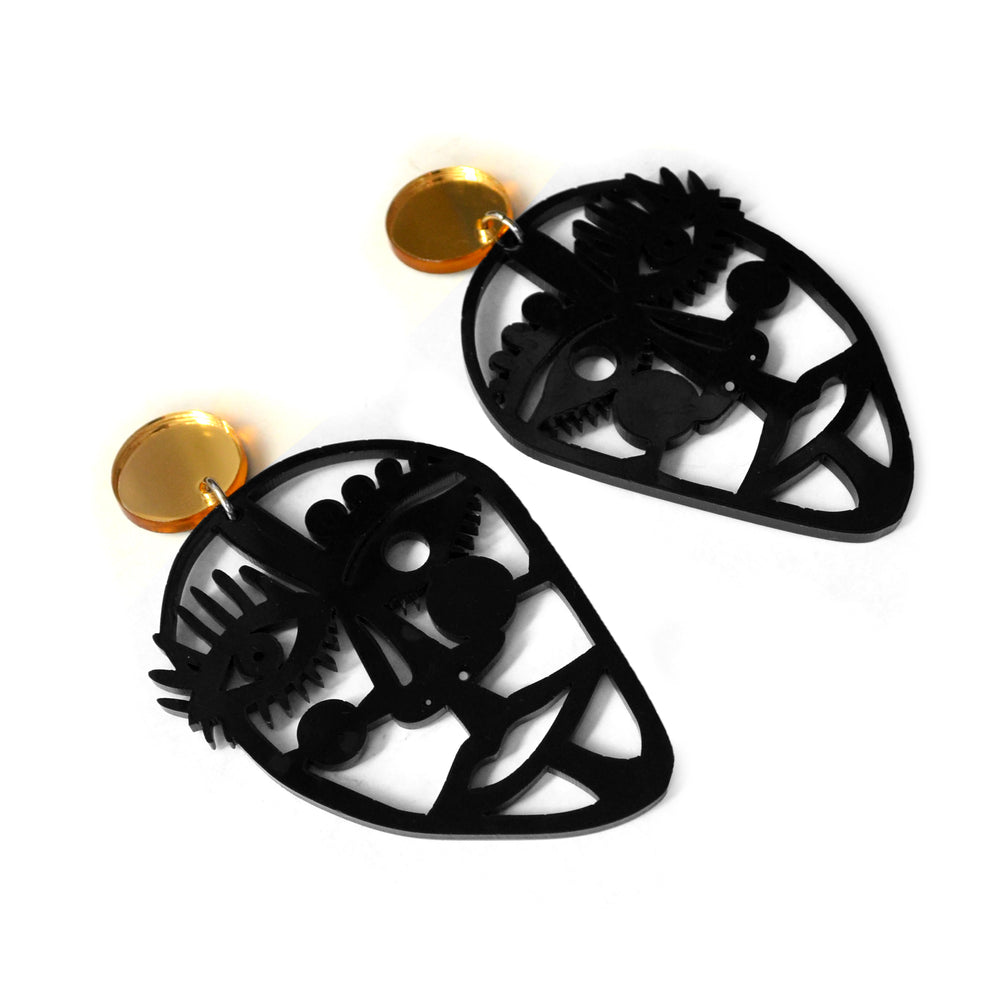 Abstract Outline Face Statement Earrings in Black Acrylic