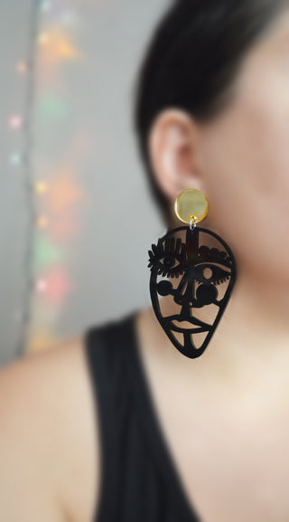Abstract Outline Face Statement Earrings in Black Acrylic