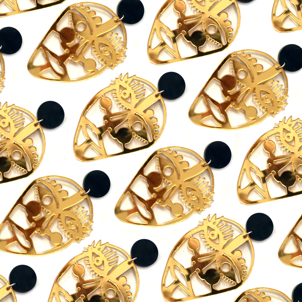 Gold Acrylic Laser Cut Outline Face Earrings