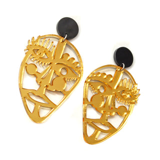 Gold Acrylic Laser Cut Outline Face Earrings