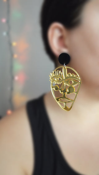 Gold Acrylic Laser Cut Outline Face Earrings