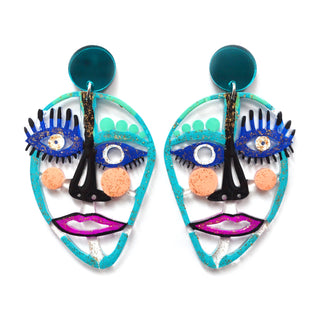 Turquoise and Blue Laser Cut Acrylic Face Earrings